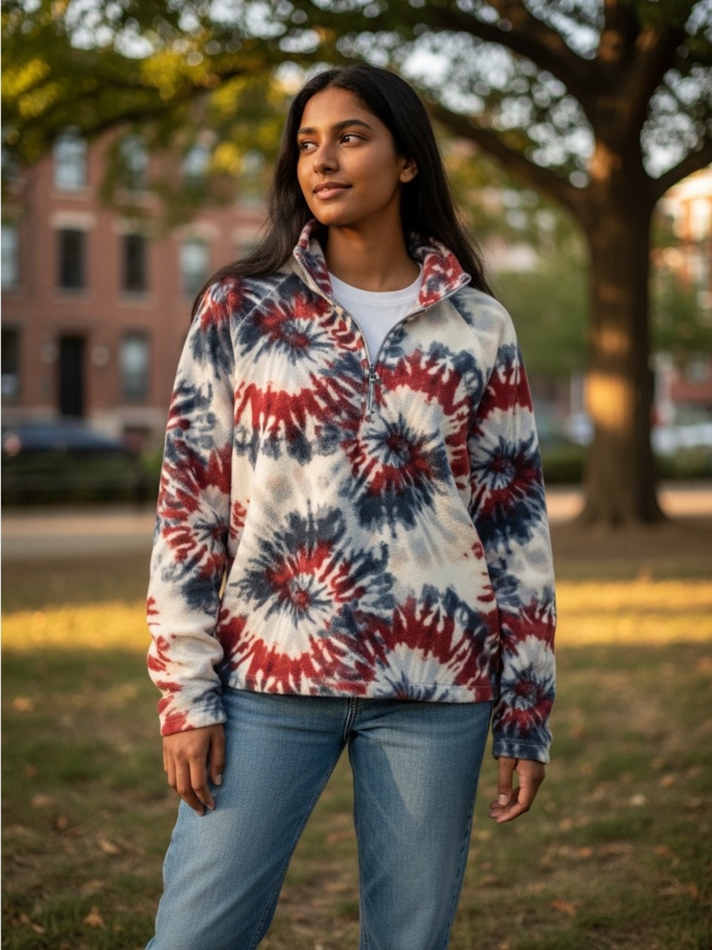 Unique Eddie Bauer Women's Fleece Swirl Tie Dyed Red White & Blue Size L